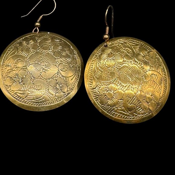 Vintage Gold Tone Brass Metal Pierced Earrings Dangling Disk Engraved *read* - Picture 2 of 6